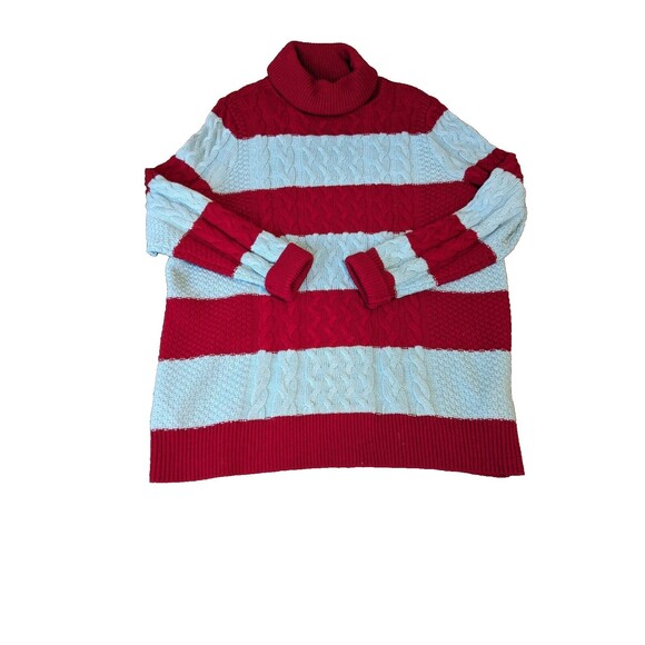 Halogen x Atlantic-Pacific Cable Knit Turtleneck Sweater - Red/Blue … - Picture 1 of 6